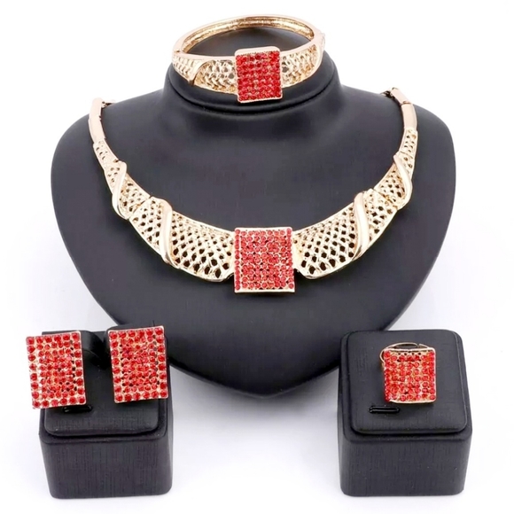 18k gold plated red crystal Necklace earrings bracelet ring set - Picture 11 of 14